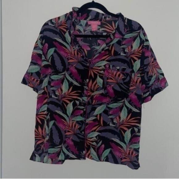 Isaac Mizrahi Sleepwear Tropical Print Short Sleeve Collared Pajama Top - Picture 1 of 8
